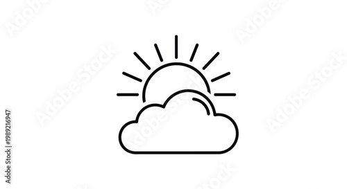 Minimalist weather icon featuring sun rising behind cloud in black outline design represents partly cloudy conditions for forecasts.