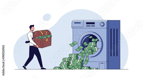 Concept of money laundering with businessman carrying chest full of cash to large washing machine represents illegal financial activity.
