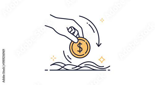Outline drawing showing hand dropping gold dollar coin into water with wave ripples and sparkles illustrates investment and charity.