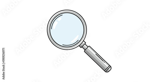 Magnifying glass with silver metal handle and clear lens isolated on white background symbolises search discovery and investigation.