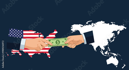 Conceptual illustration showing two hands from world map exchanging dollar bill represents global trade and international economy.