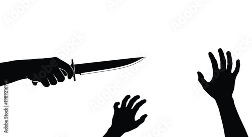 Silhouette of hand holding sharp knife threatening victims hands in defensive pose against white background depicts crime and fear.