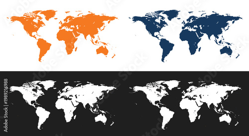 Four world map variations in different colors and background styles for presentations geographic data visualization and reporting.