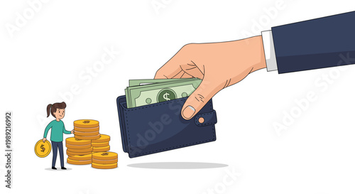 Giant hand reaching for small woman standing next to piles of gold coins and wallet full of cash represents economic inequality.