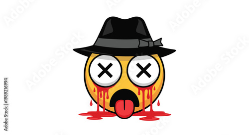 Dead yellow emoji character wearing black hat with crossed eyes and tongue sticking out while bleeding from eyes and mouth area.