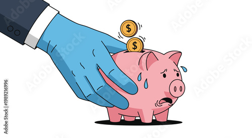 Giant hand in blue glove squeezing worried pink piggy bank while gold coins fall out depicts financial crisis or heavy taxation.