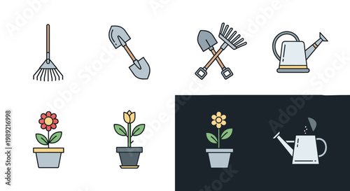 Variety of colorful gardening tools and plants in pots set against white and dark backgrounds for hobbyist gardener illustrations.
