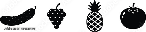 Black and white botanical illustration of four distinct tropical fruits in a row