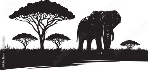 African savannah, elephant silhouette, black and white vector, wildlife illustration, safari icons