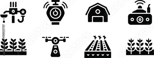 Black silhouette icons representing various aspects of modern and traditional agriculture