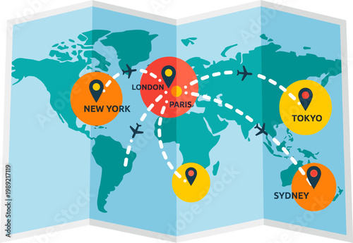 Global travel map with flight routes connecting New York, Paris, Sydney, and Tokyo
