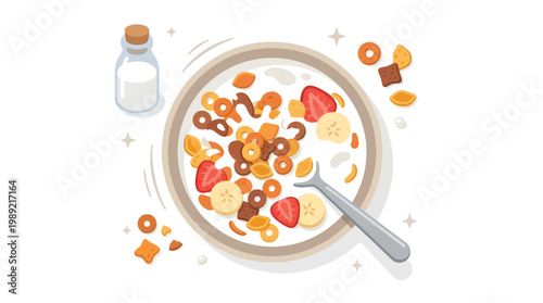 Breakfast Cereal Bowl with Milk - Flat Vector Healthy Morning Illustration