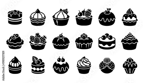 Mini cakes and dessert silhouette icon vector set with petit fours mousse tarts and chocolate sweets in bold black style
