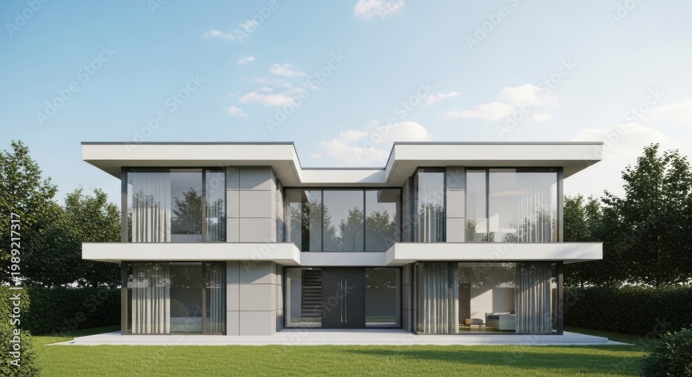 Fototapeta premium Modern minimalist house with flat roof and large glass windows in a sunny landscape