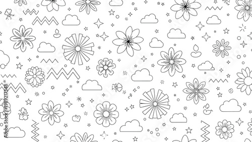 Playful seamless doodle pattern featuring whimsical flowers, clouds, stars, and abstract lines for kids nursery decor or stationary.