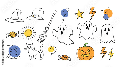 Charming collection of Halloween doodle icons including ghosts, pumpkins, black cats, and witch hats with colorful spooky accents.