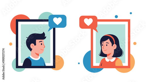 Stylized illustration of a boy and a girl in separate frames with heart speech bubbles representing a modern romantic connection.
