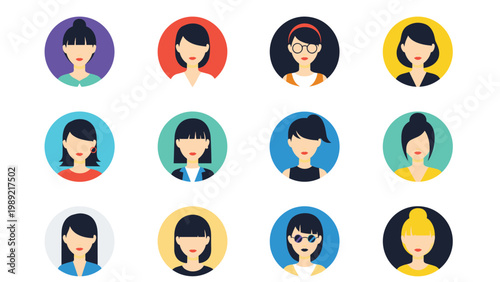 Set of diverse female avatar icons with various hairstyles and expressions set in colorful circular frames for social media profiles.
