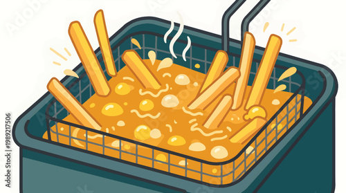 French Fries Deep Frying in Hot Oil Flat Vector Illustration