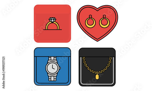 Jewelry icons set with ring earrings wristwatch and necklace boxes
