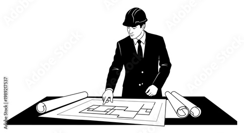 Businessman in hard hat looking plans.