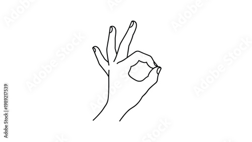 Simple black and white line drawing of a human hand gesturing a perfect okay sign with fingers forming a circle on a white background.