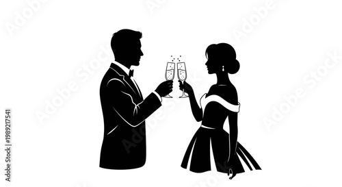 Man and woman toasting champagne glasses.
