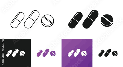 Various vector graphics of pills and capsules in different colors and backgrounds for medical design