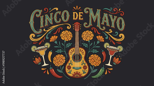 Cinco de Mayo Celebration Typography with Mexican Folk Art Ornaments and Guitar Vector Illustration