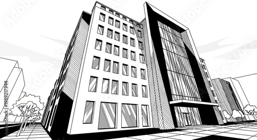 Modern architectural building rendered in striking comic book style.