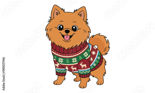 Cartoon Pomeranian dog wearing a Christmas sweater on white