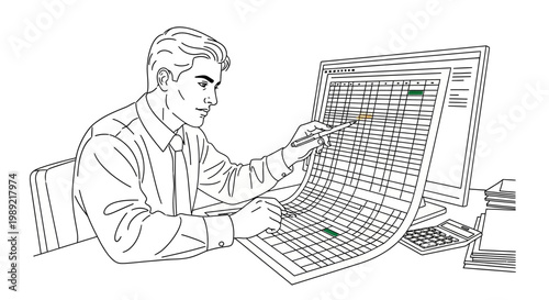 Man diligently working on financial documents and computer spreadsheet.