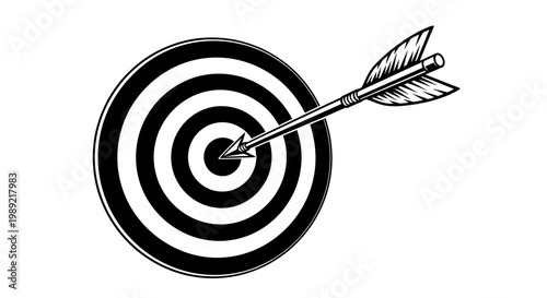 Arrow hitting bullseye target illustration in black and white.