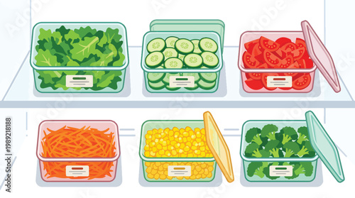 Healthy Salad Meal Prep Containers with Fresh Vegetables - Flat Vector Illustration