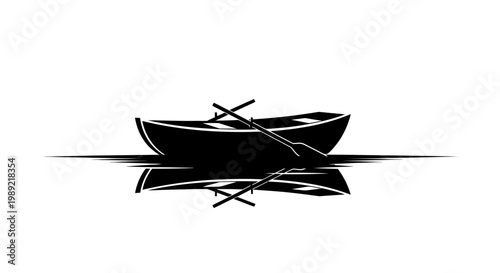 Silhouette of a Rowboat with Oars on Calm Water Reflection