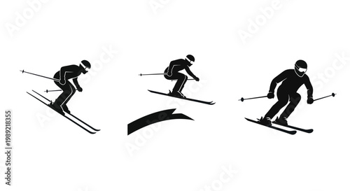 Skiing Action Silhouettes: Downhill, Jump, and Freestyle