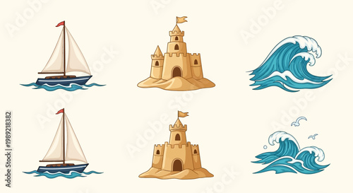 Sailboats and sandcastles by ocean waves.