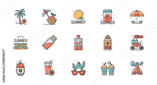Colorful summer vacation icons set.