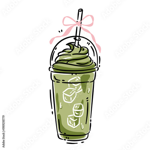 ice green tea in a plastic cup for take away with pink bow