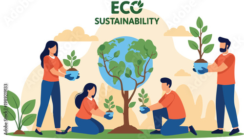 Eco sustainability concept vector, diverse people planting trees around a globe shaped tree, environmental protection and global reforestation illustration