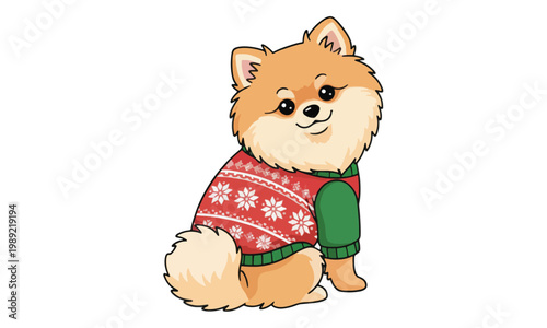 Pomeranian dog wearing Christmas sweater on white background
