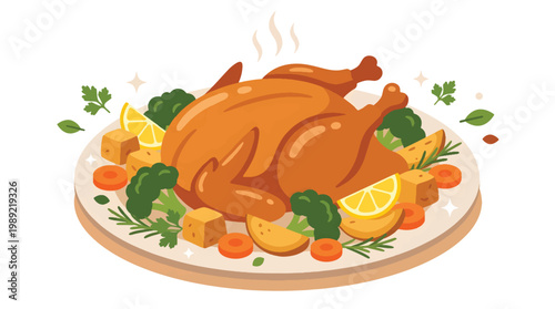 Whole Roasted Chicken with Side Dishes for Celebration Flat Vector Illustration