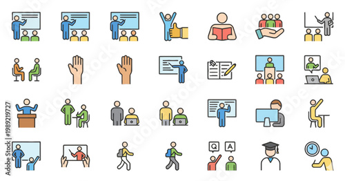 flat design business education icons set, people teaching and learning