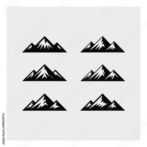 Collection of Six Stylized Black Mountain Silhouettes on a Light Gray Background