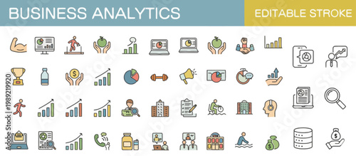 flat design business analytics icons set with editable strokes for corporate data visualization and reporting