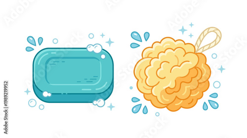 Teal soap bar and yellow sponge.