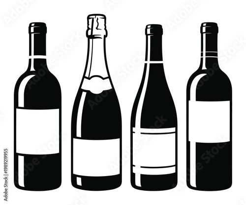 Four Black and White Silhouettes of Wine and Champagne Bottles