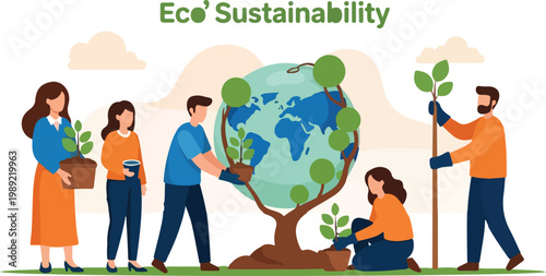 Eco Sustainability concept with diverse people planting trees around the globe, environmental protection and reforestation vector illustration