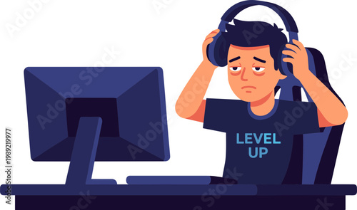 A frustrated gamer wearing headphones sits at a desk with a computer