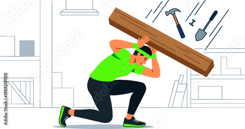 Man lifting heavy wooden plank with tools in a workshop setting actively
